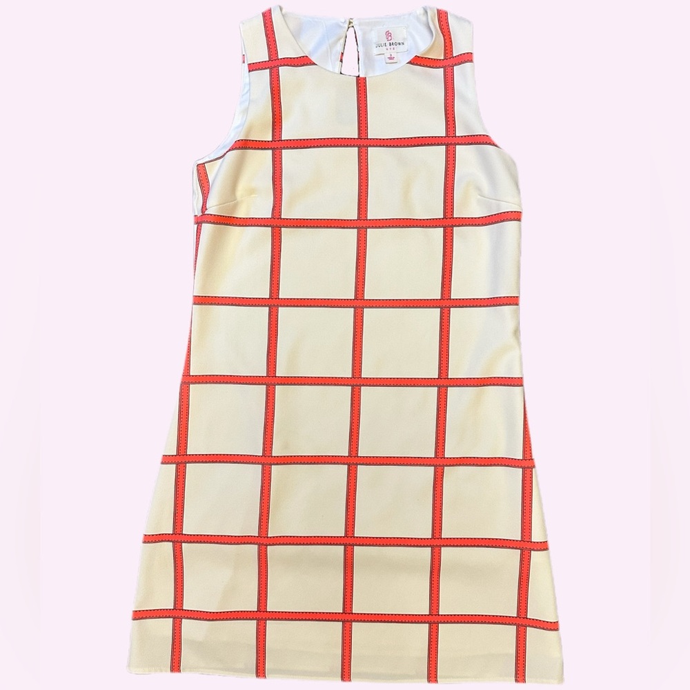 Julie Brown NYC 60’s style shift Dress in Cream w/ vibrant pink Grid size 2